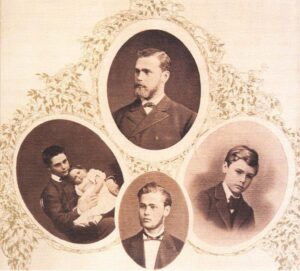 Эммануил Нобель и сыновья: Людвиг с новорожденным Эмилем, Альфред и Роберт.